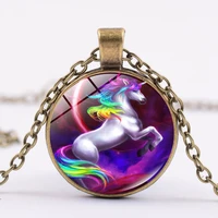 hot selling rainbow pegasus unicorn time stone necklace alloy pendant vintage sweater chain dropshipping