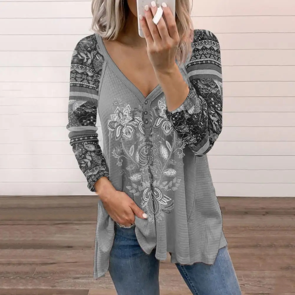 

Autumn Women Top Stylish Retro Print Long Sleeve V Neck Elegant Casual Soft Breathable Loose Lady Top Streetwear for Daily Life