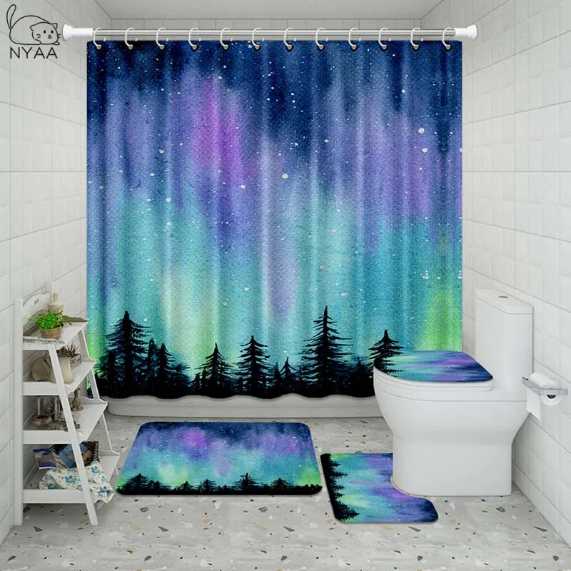 Vixm Galaxy Night Starry Bathroom Waterproof Shower Curtain Set Pedestal Rug Lid Carpet Toilet Cover Bath Mat | Дом и сад