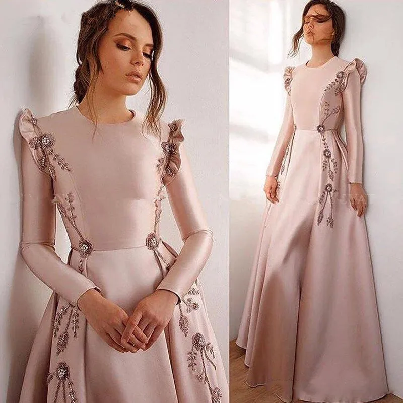 

Muslim Evening Dresses A-line Scoop Long Sleeves Beaded Dubai Saudi Arabia Long Prom Dress Gown Robe De Soiree