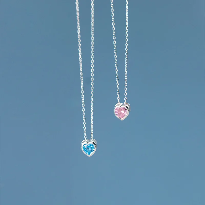 

Ожерелье с кулоном в форме сердца из серебра 925 пробы с розовым и голубым цирконом, ювелирное изделие, чокер, цепочка, ожерелье для женщин, ак...