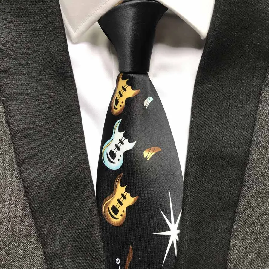 

New Designer Men's Music Ties Black with Musical Guitar Print Necktie Cravat for Musician Concert Christian Choirs