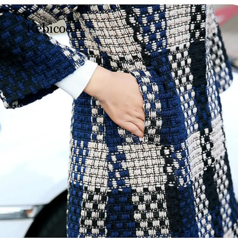 

Coats and Jackets Women Weave Plaid Pocket Temperament Elegant Contexture 2019 Winter Slim Woolen X-long Coat Plus Size 4xl