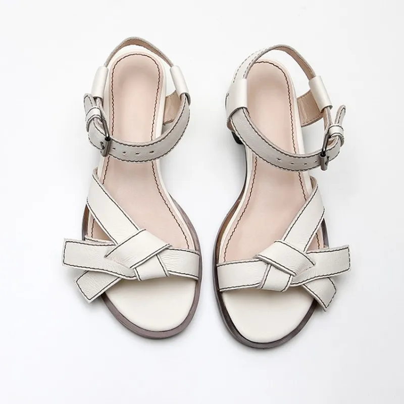 

LeShion Of Chanmeb Natural Real Cow Leather Sandals for Women Sweet Bow-knot Ankle Buckle Summer Sandals Ladies Beige Black Shoe