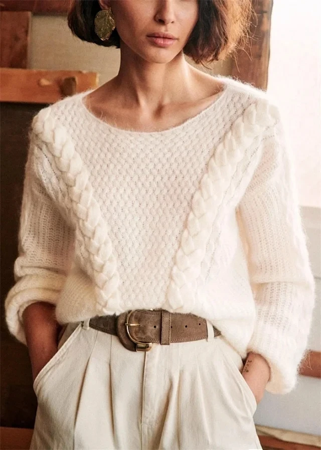 2020 Trendy Design New Early Autumn O Neck Long Lantern Sleeve Knitting Hollow Out Women Elegant Sweater Fashion