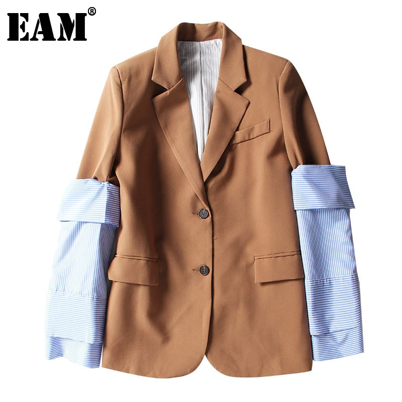 

[EAM] 2021 новая весенняя куртка с отворотами и длинными рукавами в синюю полоску со съемной строчкой, Женская куртка, модное пальто JI825