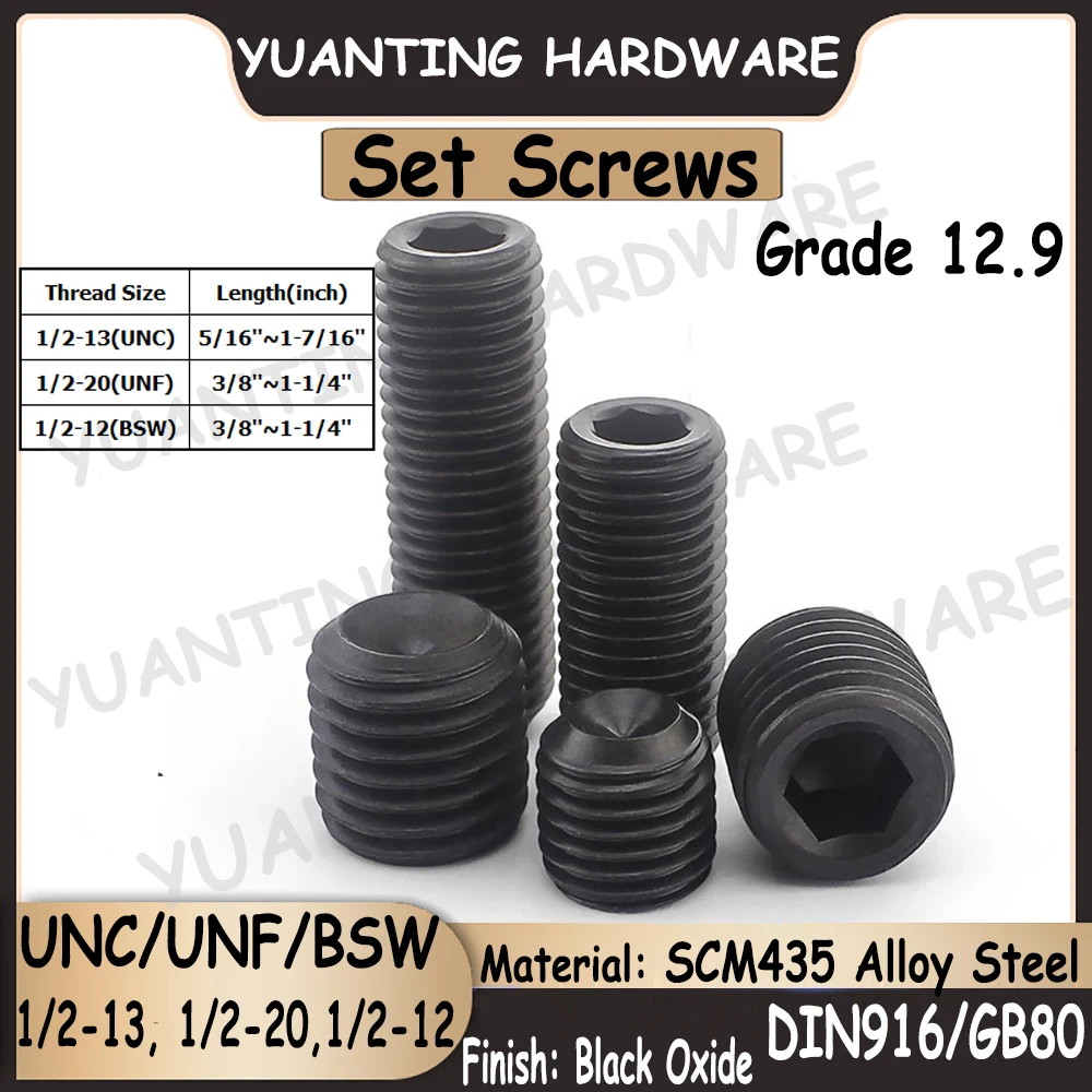 

2Pcs DIN916 GB80 1/2-12, 1/2-13, 1/2-20 BSW UNC UNF Thread Grade 12.9 Alloy Steel Hexagon Socket Set Screws With Cup Point