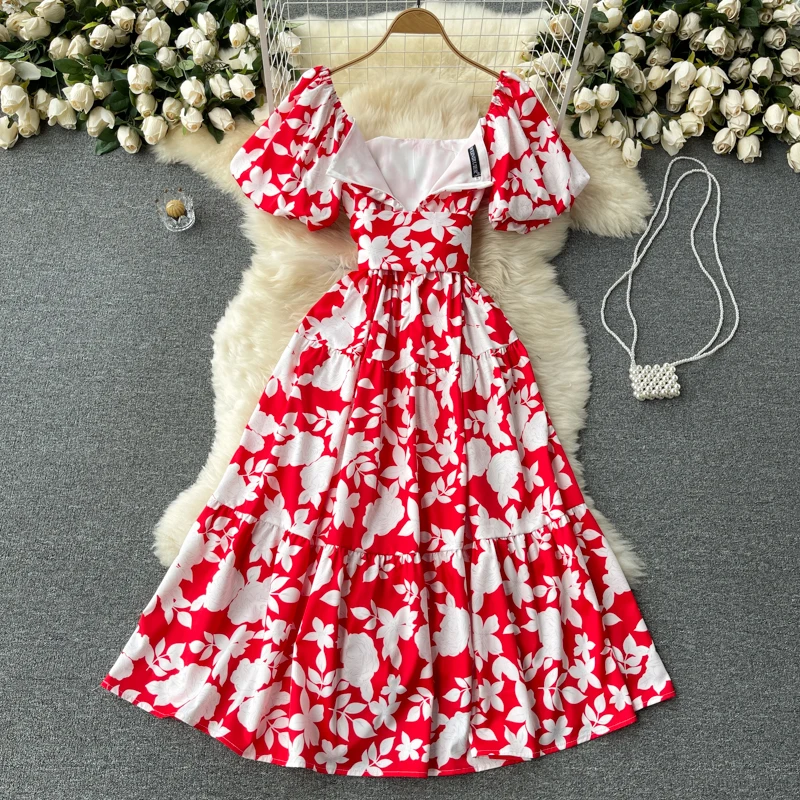 

2021 Fashion Runway Designers Floral Printed Puff Sleeve Summer Midi Dress Women Elegant Sashes Vintage Holiday Party Femme