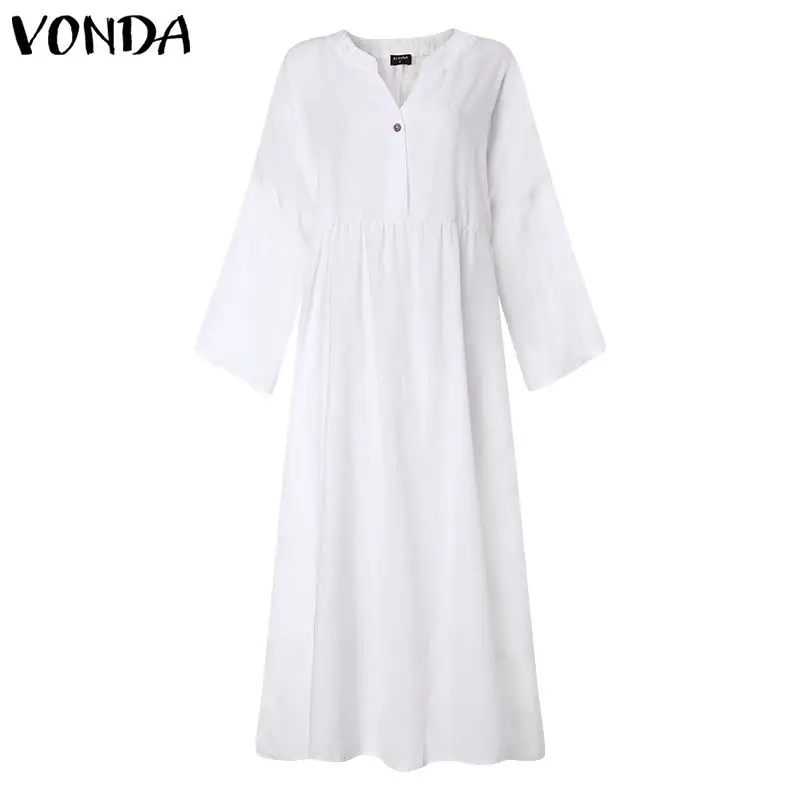 White VONDA, платье-рубашка, женский сарафан, летний, длинный рукав, v-образный вырез, длинное, макси, Vestidos, Женская Повседневная Туника на пуговицах, халат размера плюс - Цвет: White