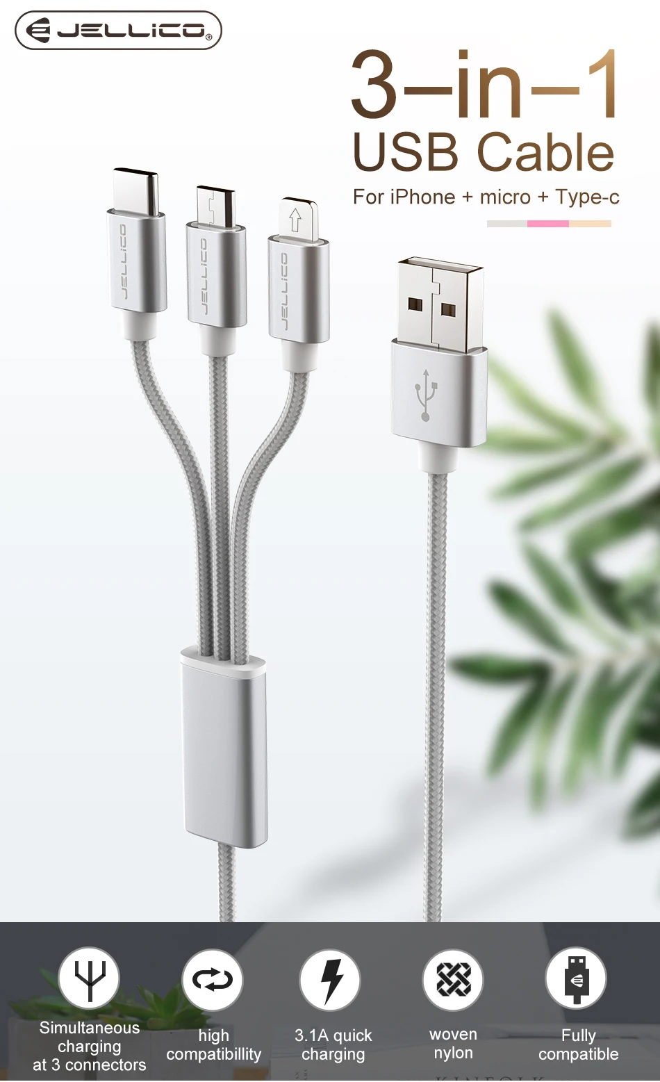 Jellico 3в1 USB кабель для iPhone X 8 7 6 кабель Micro usb type C кабель для samsung S9 S8 кабель быстрой зарядки 3A шнур зарядного устройства