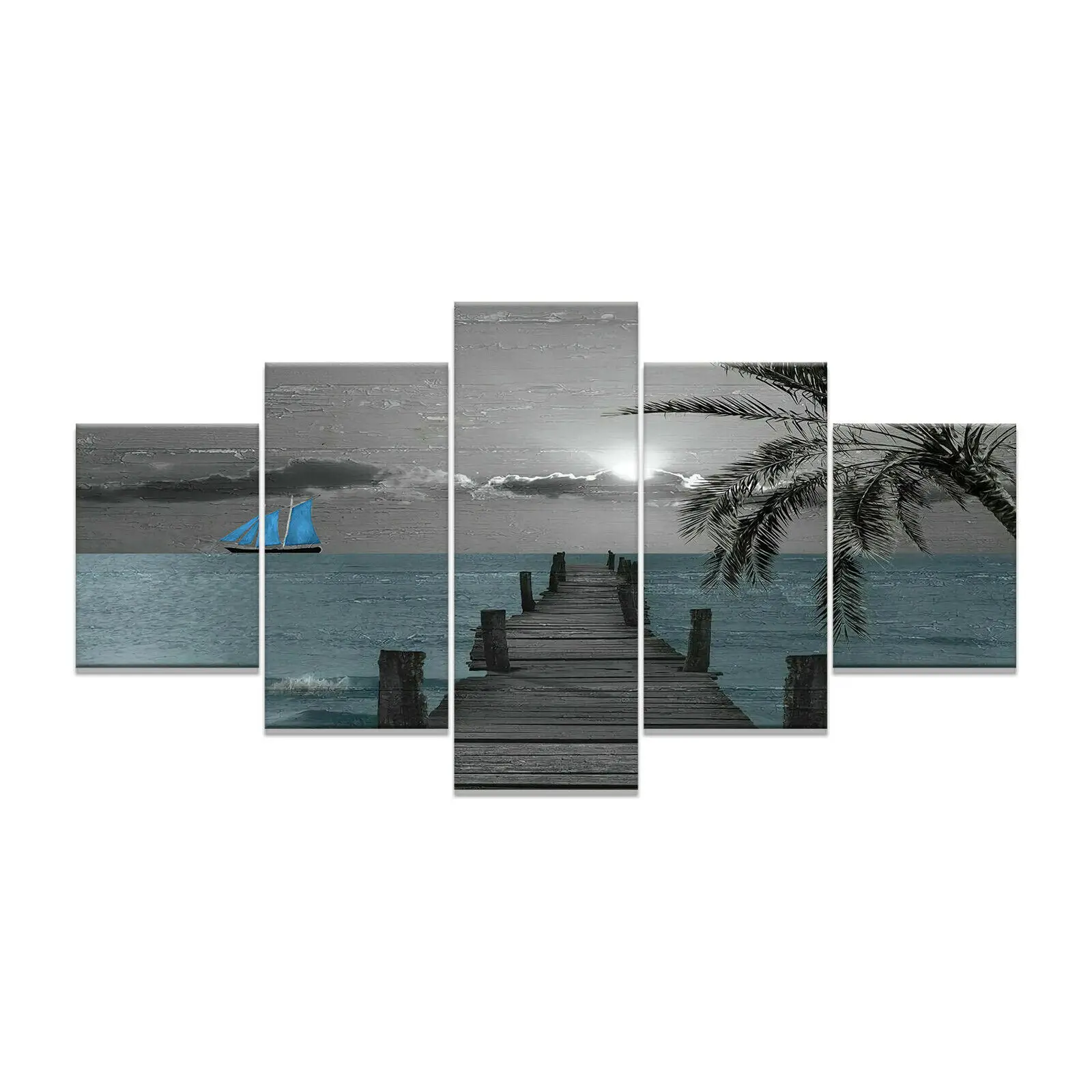 

No Framed 5 Panel Painting Print Blue Gray Ocean Sail Poster Canvas Art Scenery Modular Pictures Wall Art for Living Room Decor