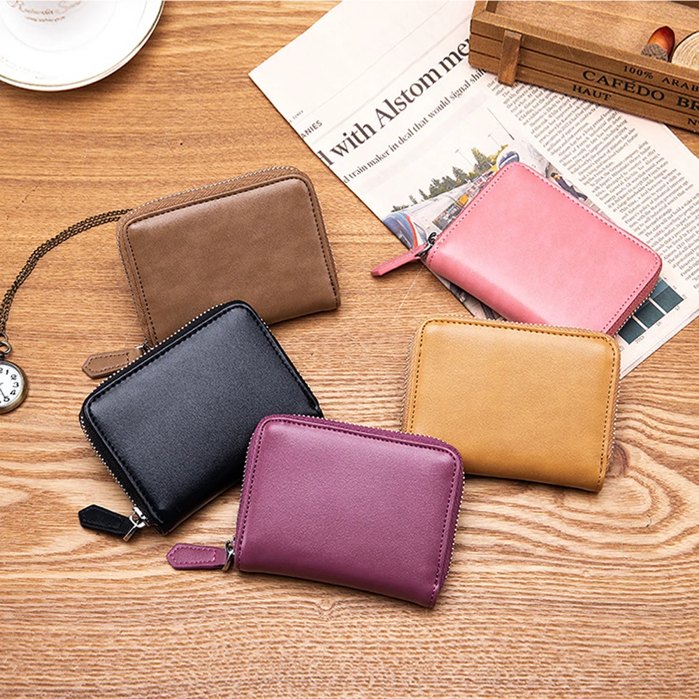 

Genuine Leather Coin Purse RDIF Protection Blocking Small Wallet Card Holder Women Ladies Change Men Portable Money Purse