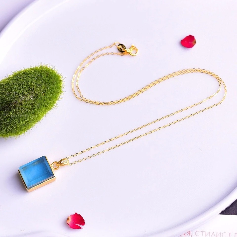 

Natural Deep Blue Aquamarine Pendant Women Men Rectangle Gift 16*12*9mm Clear Bead Crystal Necklace Genuine AAAAA