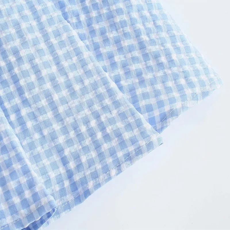 

2021 ZA new summer fashion sweet blue and white plaid pleated decorative high waist skirt