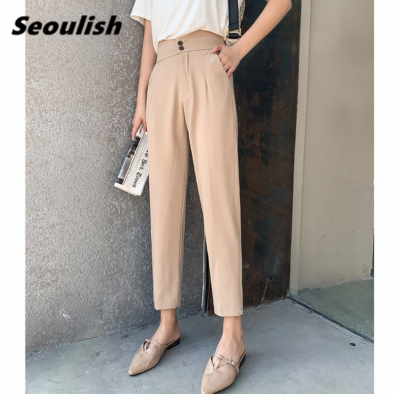 

Seoulish Spring Summer Formal Women's Harem Pants 2021 New Button High Waist Female Workwear Elegant Ankle Length Trouses