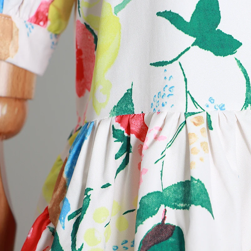 

GALCAUR Print Patchwork Dress For Women O Neck Short Puff Sleeve Asymmetrical Ruffles Refreshing Dresses Female 2020 Summer