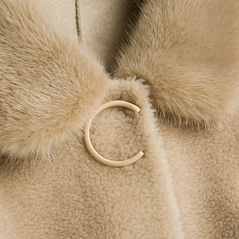 Natural Real Sheep Fur Coat Winter Women Mink Fur Collar Outerwear Long Wool Overcoats Camel Office Lady Warm Female Jackets