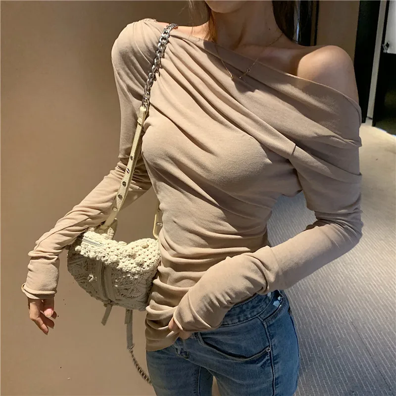 GRUIICEEN Sexy Autumn Long Sleeve T shirt for Women Backless Slim Top Tee Asymmetrical Skew Collar | Женская одежда