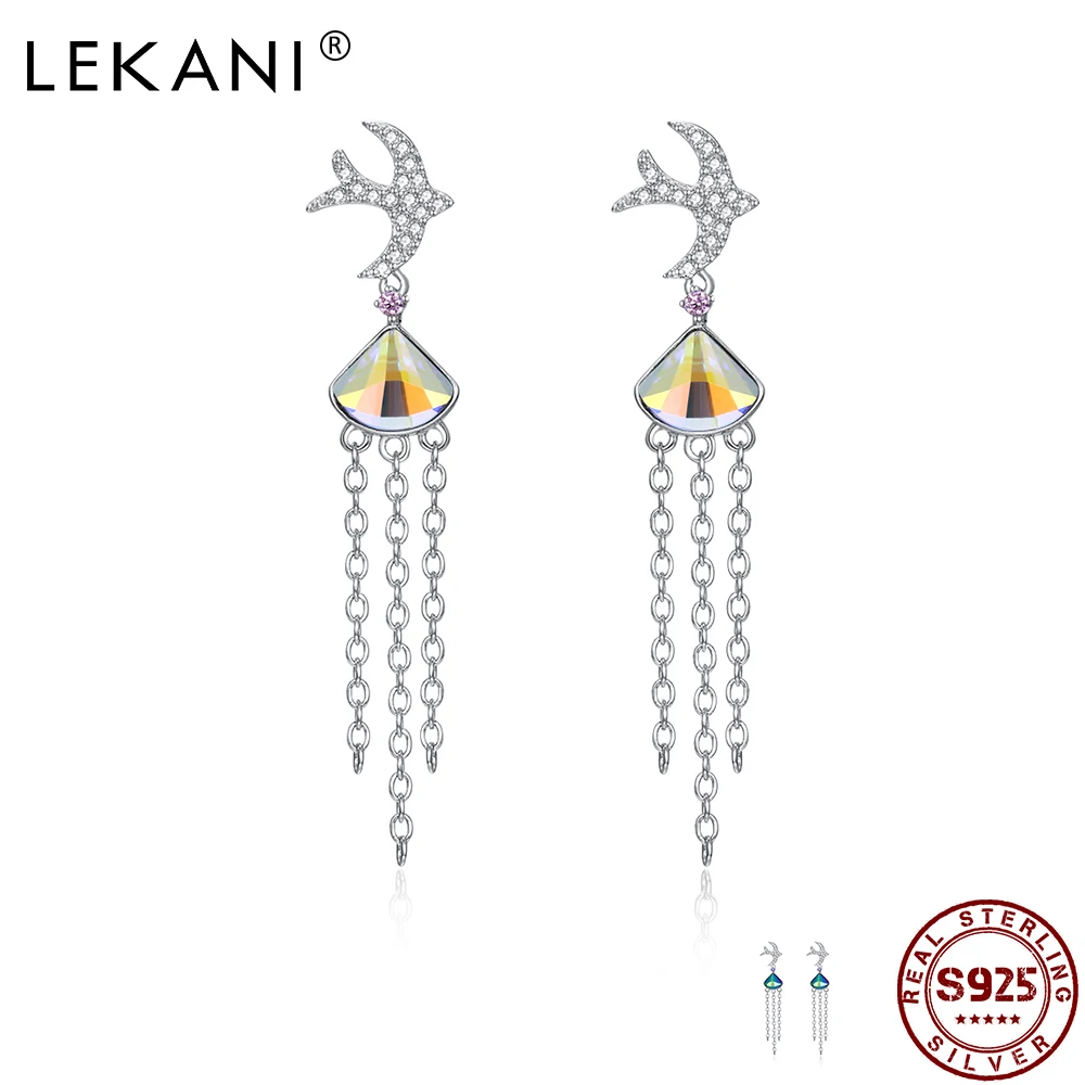 

LEKANI Sterling Silver Real S925 Drop Earring Cute Swallow Style Tassel Link Earring Austria Crystal Romantic Fine Jewelry