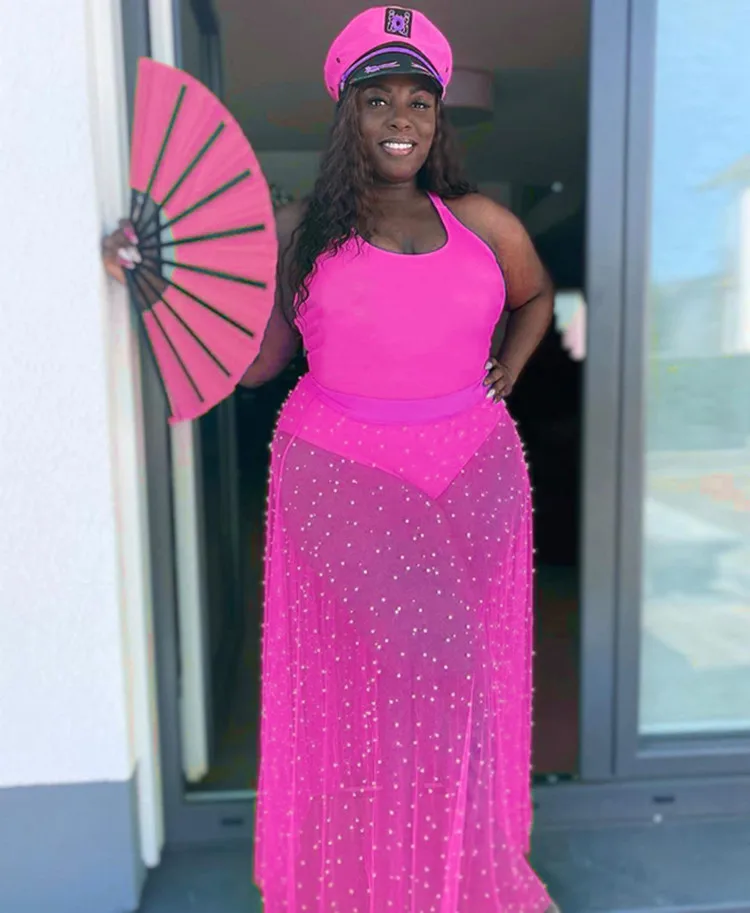 Conjunto de dos piezas de talla grande para mujer, mono sin mangas con cuello Halter, cintura alta, falda transparente