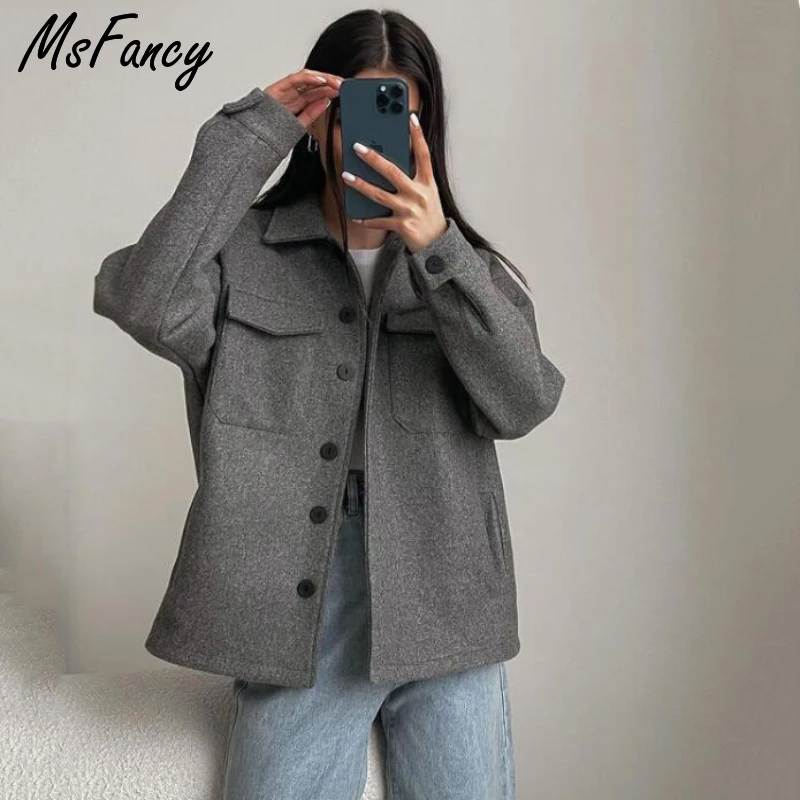 Msfancy серая рубашка куртка женская повседневная в стиле харадзюру с карманами