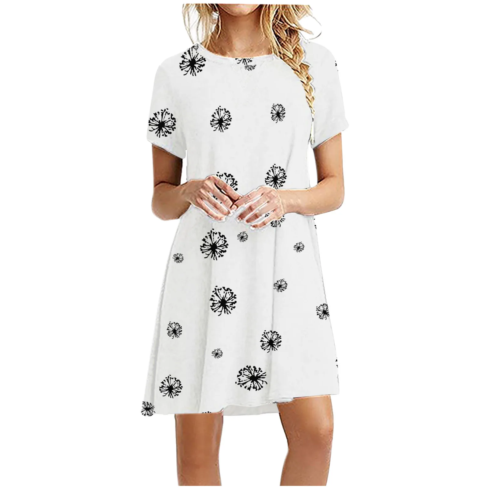 

Fashion Women Casual Short Sleeve O-Neck Solid Ladies Loose Mini Dress Ladies Dandelion Print dress
