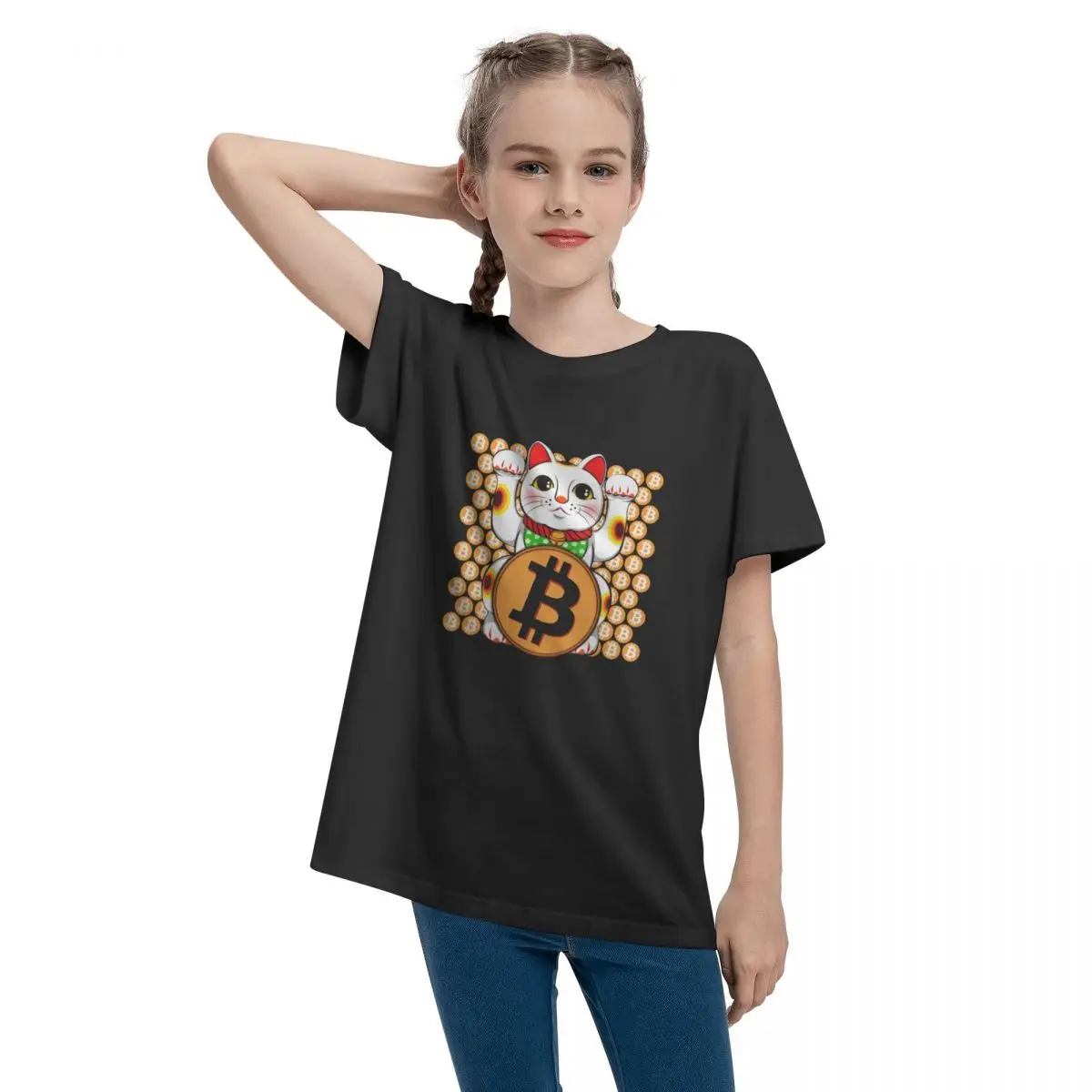 

Maneki Neko Lucky Cat Bitcoin Double Paw Teenage T-shirt Unisex Comfortable Fashion Summer Tops 100% Cotton