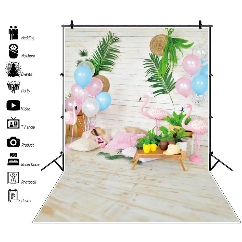 

Фотофон Laeacco с тропическим фламинго, воздушные шары на день рождения, серый деревянный пол, детский портрет