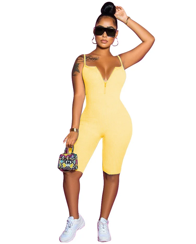 

2020 Europe's new solid color casual one-piece pants fashion slim V-neck sling sleeveless women's Vest shorts