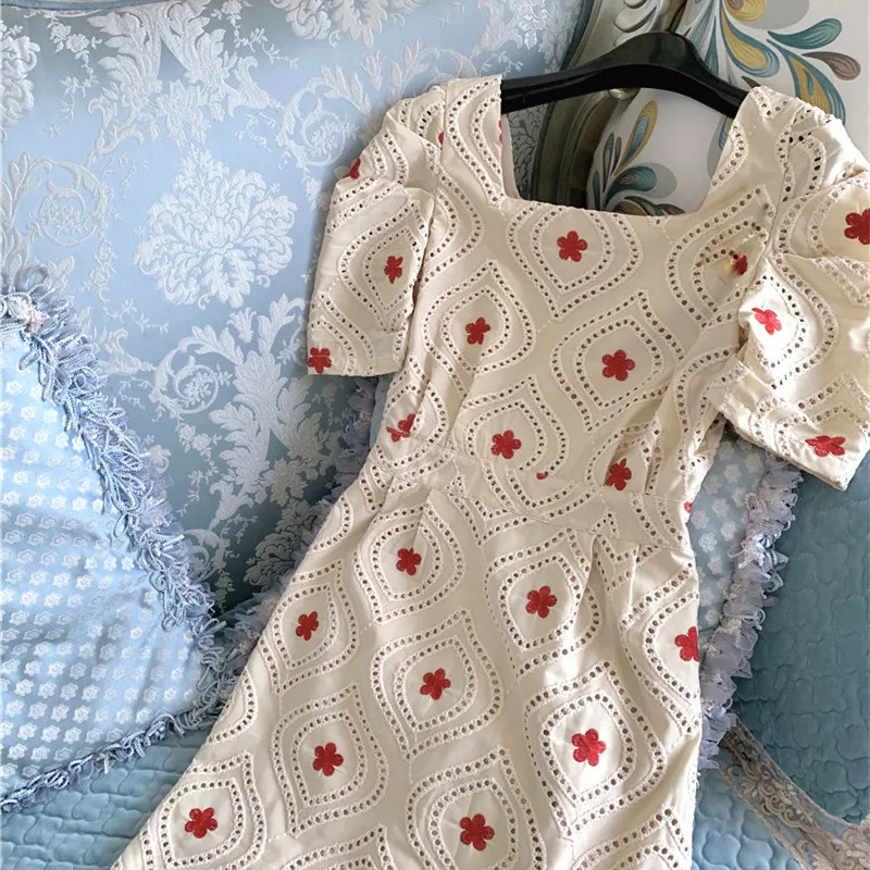 

Woman Dress Short Sleeved Square Collar Hollow Out Long Dress Vintage Embroidery Female Bodycon Sexy Vestidos 2021 Spring Summer