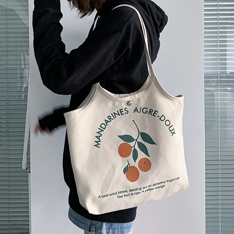 

orange printing Canvas Bag Women's Shoulder Bag Fashion Cotton Letter Shopping Shopper Ladies Hand Bags Tote Bags for Women 2020
