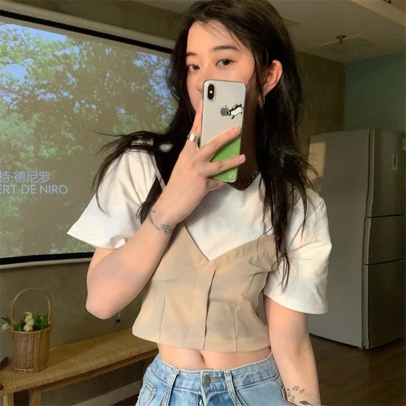 

Футболка женская из двух частей в стиле пэчворк, свободный кроп-топ в Корейском стиле с коротким рукавом, дизайнерская сорочка с завышенной ...