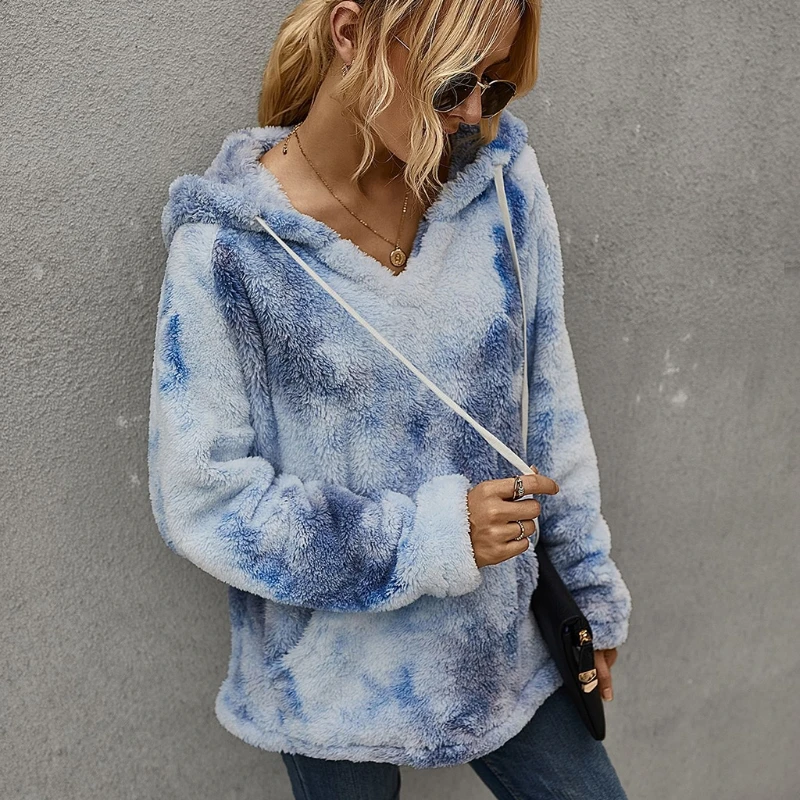 

Women Winter Fuzzy Faux Fleece Drawstring Hoodies Gradient Tie-Dye Long Sleeve Sweatshirts V-Neck Loose Pullover Tops with Pock