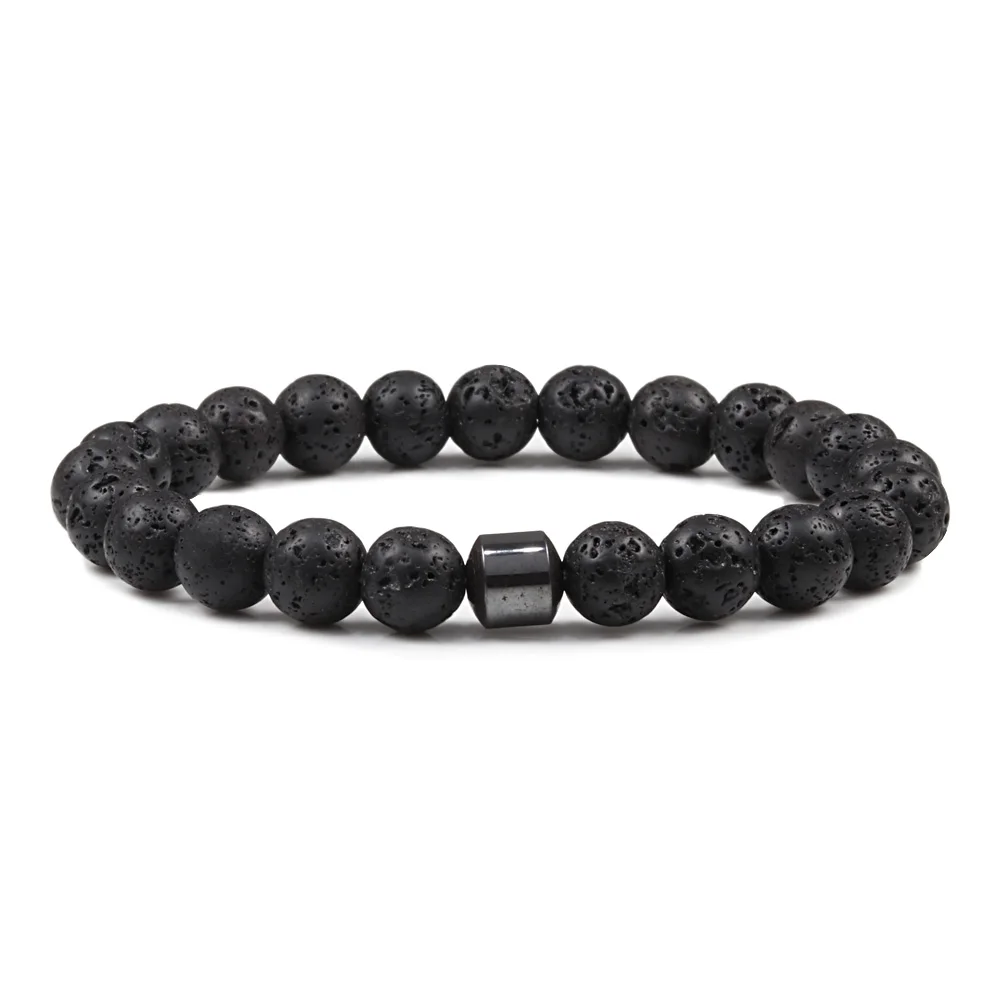 Charm Cylinder Hematite Bracelet Men Classic Black Lava Natural Stone Beads Stretch Bracelets Bangles Homme Yoga Jewelry Pulsera