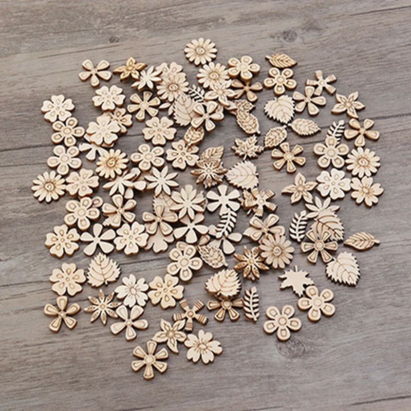 50/100pcs Wooden Buttons New Arrival Flower Leaf Shape Mixed Wood Buttons DIY Wood Environmental Decorative Handicrafts
