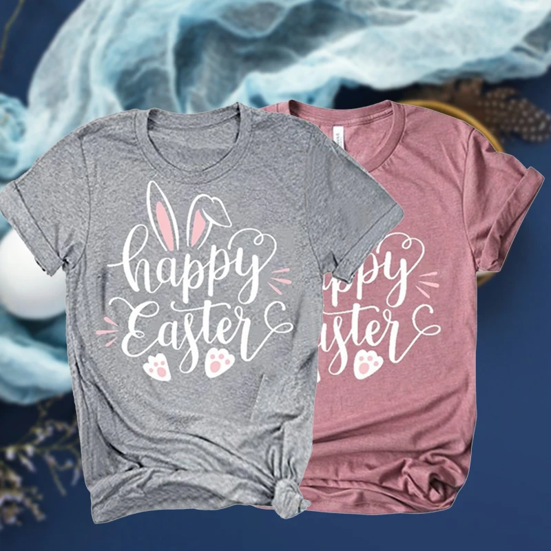 

Счастливая Пасха, футболка с принтом кролика, рубашки с круглым вырезом и коротким рукавом, женские топы qметаллические, повседневная женск...