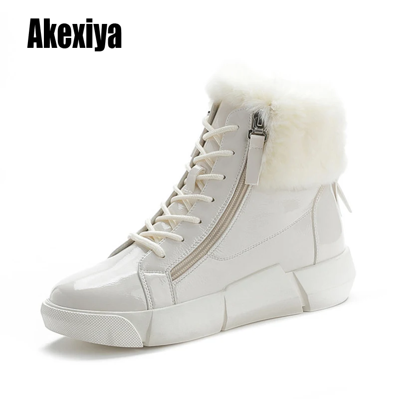 Модные Повседневные зимние теплые женские ботинки кожаные туфли без каблуков