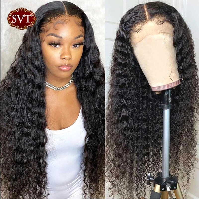 

SVT Malaysian Deep Wave Lace Closure Wig Human Hair Wigs Natural Black 4x4 Curly Glueless Closure Frontal Wig Prelucked Hairline