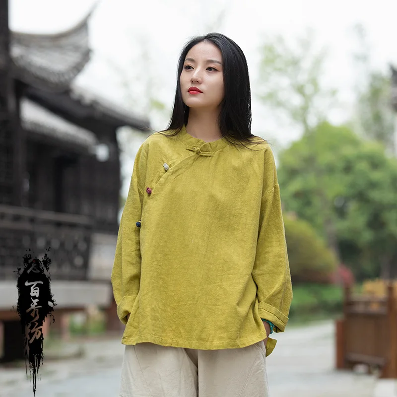 

Pure Color Retro T-shirt Button Standing Cotton Linen Shirt 2021 Fall/Winter New Style Loose Comfortable All-match Ladies Top