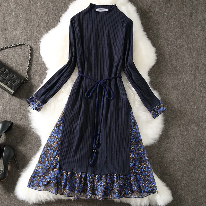 Осенне зимнее платье 2020 женское Элегантное синее с цветочным принтом и длинным