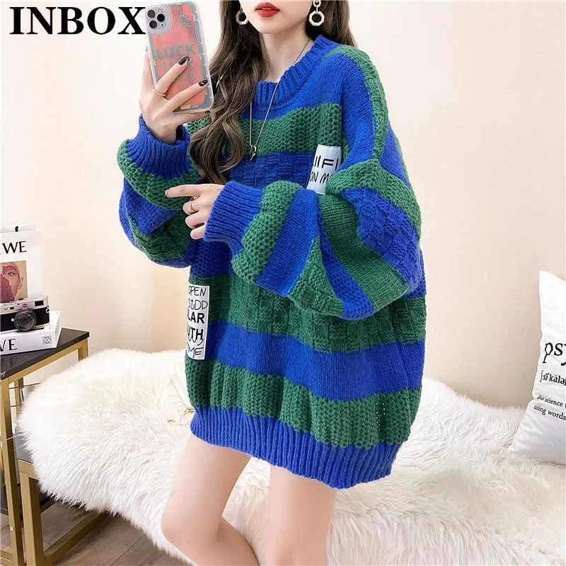 

Inbox Winter Loose Knitted Striped Sweater Women Fashion Korean Knitwear Ladies Casual Pullover Female Teen Warm Jumper