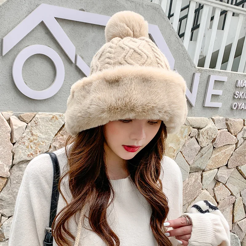 New Style Ladies Fur Ball Plus Velvet Warm Hood Outdoor Autumn and Winter Cold-proof Fashion Cute Woolen Hat Wholesale