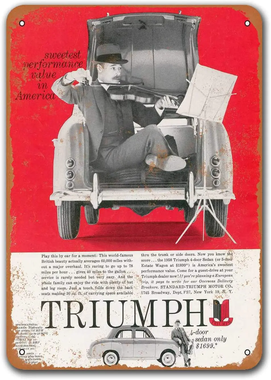 

1958 Triumph 4-дверный седан автомобильные жестяные знаки винтажные, металлические таблички Sisoso, Постер, Ретро Декор стен