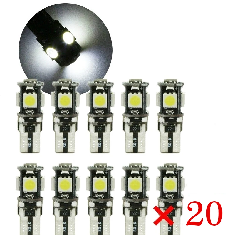 20pcs 10/20 штук светодиодный лампы на 12В интерьер чтение светильник, на танкетке, с боковой лампы 5W5 светодиодный лампа белого 5050 5SMD белый ошибка светодиодный ежедневно лампа - Испускаемый цвет: 20pcs
