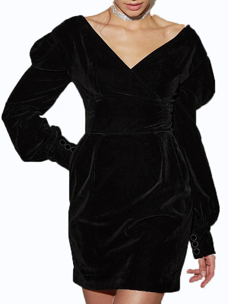 

2021 Autumn Women's European And American Short Skirt V Sexy High Waist Slim Temperament Dress Commuter French Retro Dress