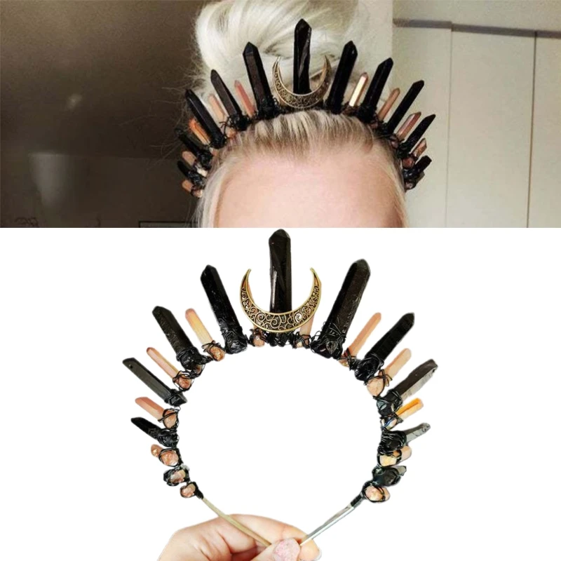 

Boho Antique Moon Jewelry Tiara Crown Headband Contrast Color Bright Raw Crystal Quartz Halo Hair Hoop Party Headdress