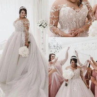 plus size wedding dresses 2021 sheer long sleeves lace appliqued tulle court train garden a line bridal gowns robe de mariage