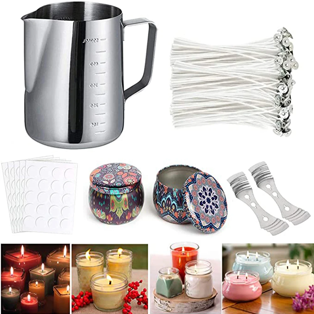 

Candle Making Kit Set with 1pcs Candle Pouring Pot,50pcs Candle Wicks,100pcs Wicks Sticker, 2pcs Wicks Holder, 2pcs Metal Jars