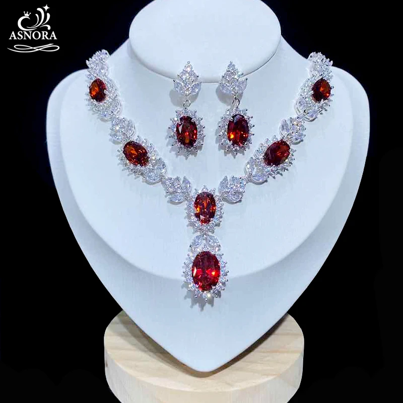 

Classic Red Round Water Drop Necklace CZ Crystal And Bridal Wedding Jewelry Set, Used For Wedding Reception Dress Accessories