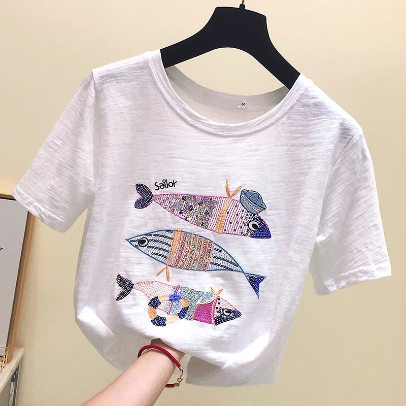 

Camiseta Mujer White Embroidered Sequined Women's T-Shirts O-neck Short Sleeve Casual Korean Style Cotton Tops Tee Shirt Summer